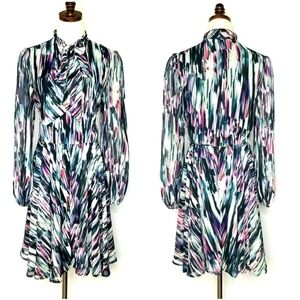 Betsy Johnson Multicolored Print Tie Neck Retro 70's  Y2K Casual Dress Size 10